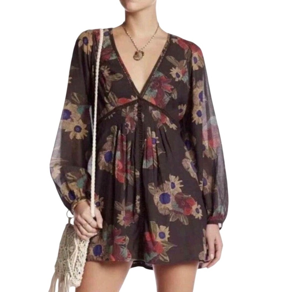 Free People Mini Dress Small Strawberry Fields Lantern Sleeve Pockets Fairycore‎